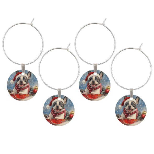 Boston Terrier Dog in Sledge Let it Snow Christmas Wine Charm (Staggered)