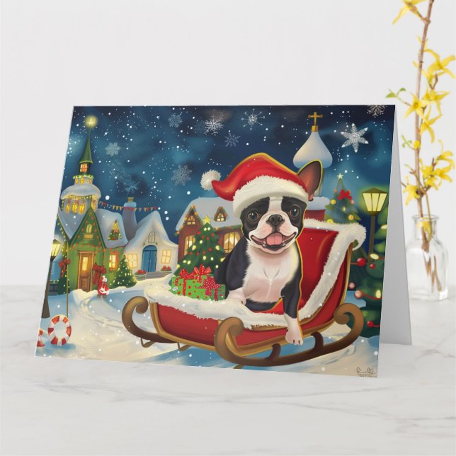 Boston Terrier Dog in Sleigh Snow Christmas Card (Yellow Flower)