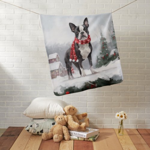 Boston Terrier Dog in Snow Christmas  Baby Blanket