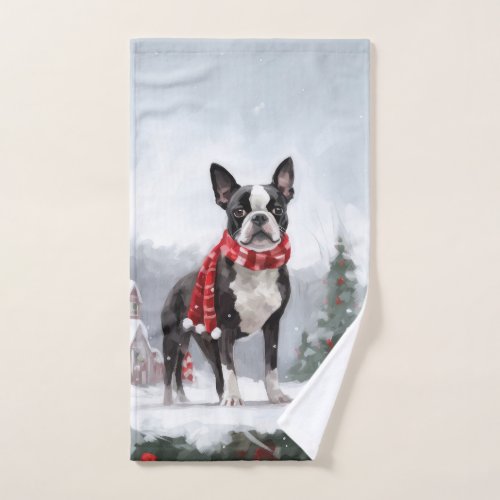Boston Terrier Dog in Snow Christmas  Bath Towel Set
