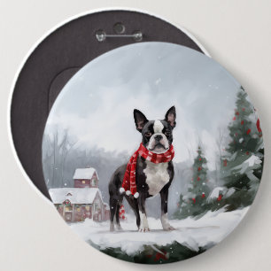 Boston Terrier Dog in Snow Christmas Button