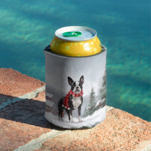 Boston Terrier Dog in Snow Christmas Can Cooler
