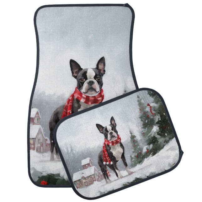 Boston Terrier Dog in Snow Christmas  Car Floor Mat (Set)