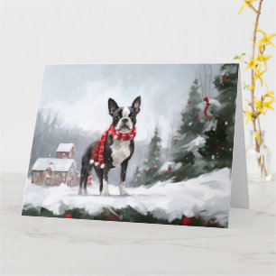 Boston Terrier Dog in Snow Christmas Card