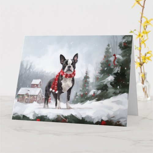 Boston Terrier Dog in Snow Christmas  Card