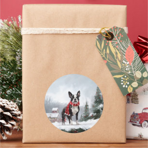 Boston Terrier Dog in Snow Christmas Classic Round Sticker