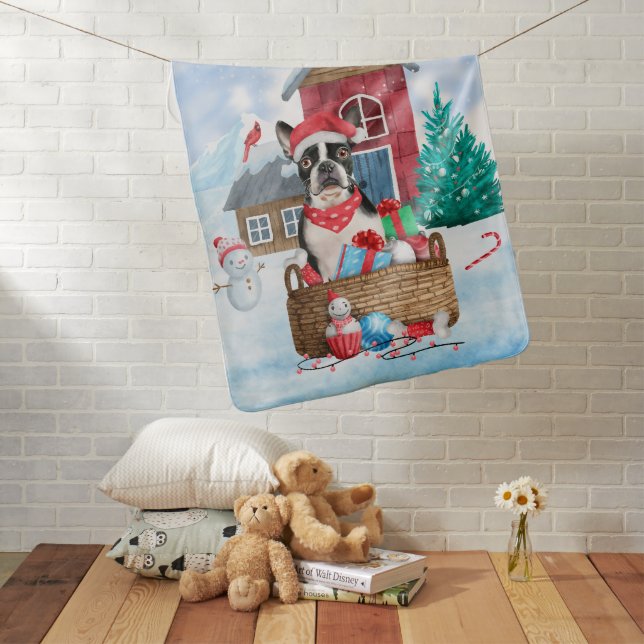 Boston Terrier Dog In snow Christmas Dog House Baby Blanket (In Situ)