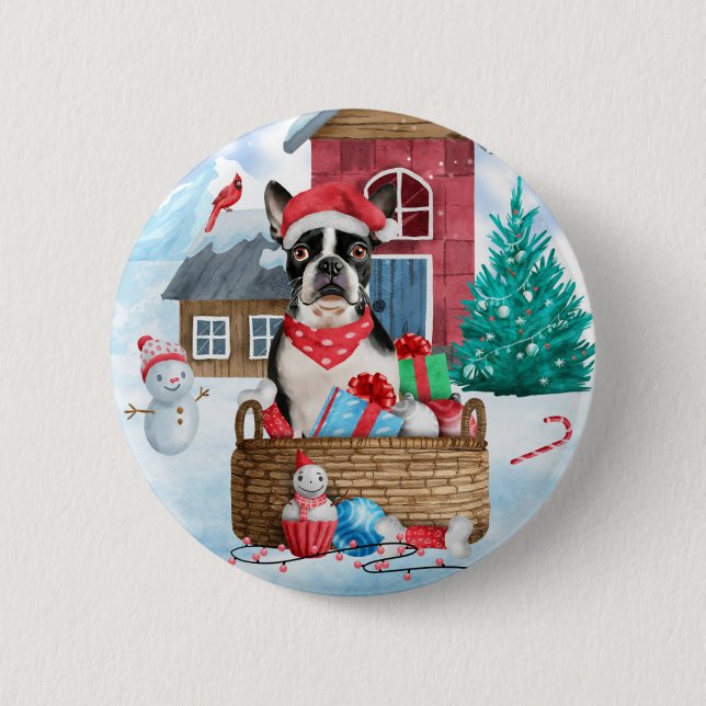 Boston Terrier Dog In snow Christmas Dog House Button (Front)