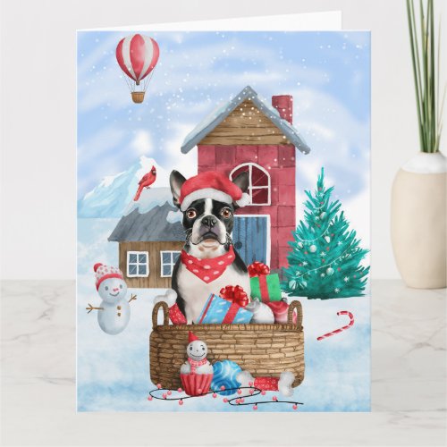 Boston Terrier Dog In snow Christmas Dog House Card