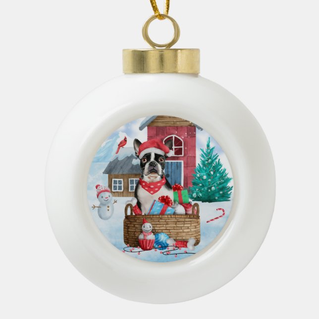 Boston Terrier Dog In snow Christmas Dog House Ceramic Ball Christmas Ornament (Front)