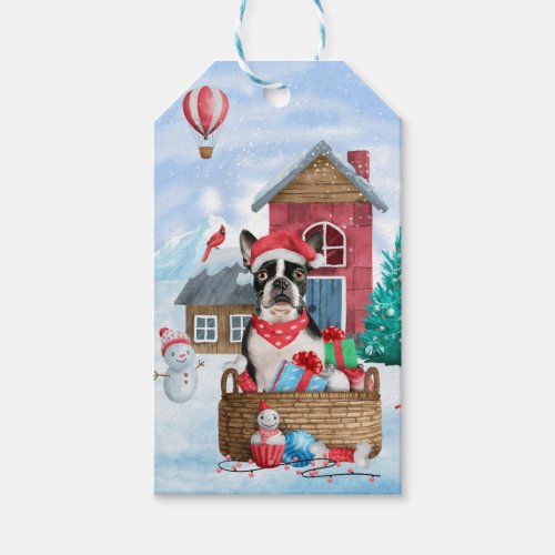 Boston Terrier Dog In snow Christmas Dog House Gift Tags