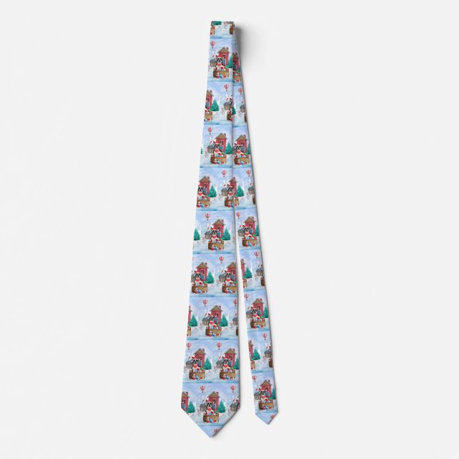 Boston Terrier Dog In snow Christmas Dog House Neck Tie (Front)