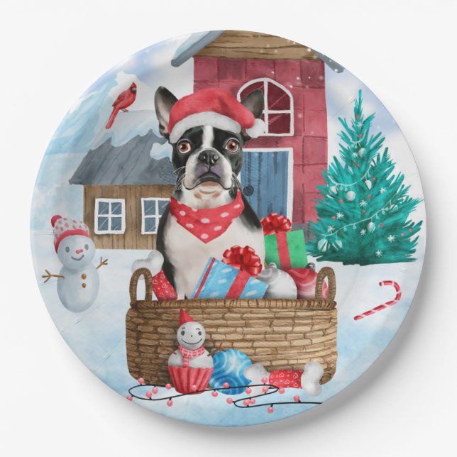 Boston Terrier Dog In snow Christmas Dog House Paper Plates (Front)