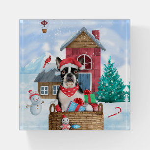 Boston Terrier Dog In snow Christmas Dog House Paperweight