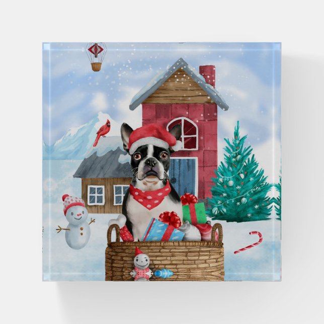 Boston Terrier Dog In snow Christmas Dog House Paperweight (Front)