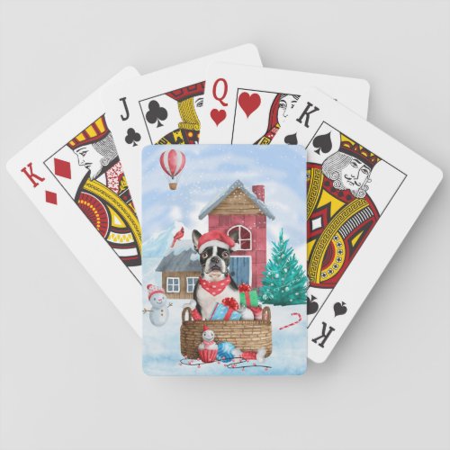 Boston Terrier Dog In snow Christmas Dog House Playing Cards