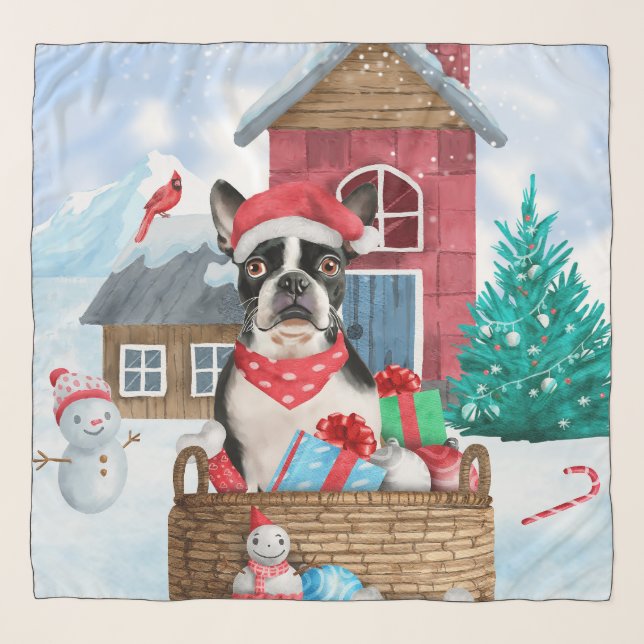 Boston Terrier Dog In snow Christmas Dog House Scarf (Front)