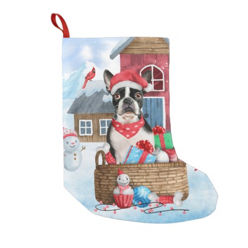 Boston Terrier Dog In snow Christmas Dog House Small Christmas Stocking