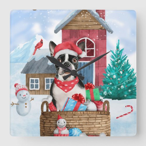 Boston Terrier Dog In snow Christmas Dog House Square Wall Clock