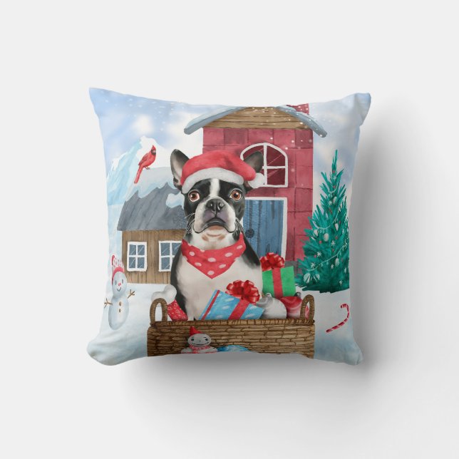 Boston Terrier Dog In snow Christmas Dog House Throw Pillow (Front)