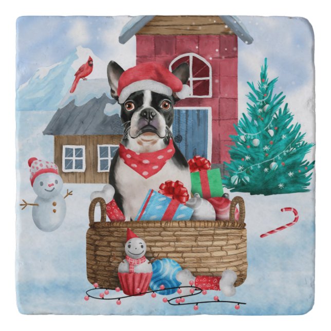 Boston Terrier Dog In snow Christmas Dog House Trivet (Front)