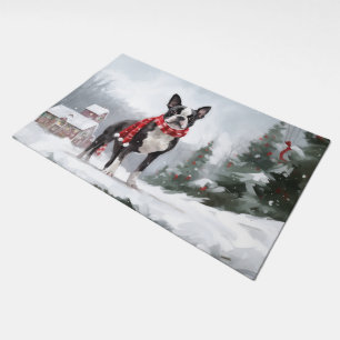 Boston Terrier Dog in Snow Christmas Doormat