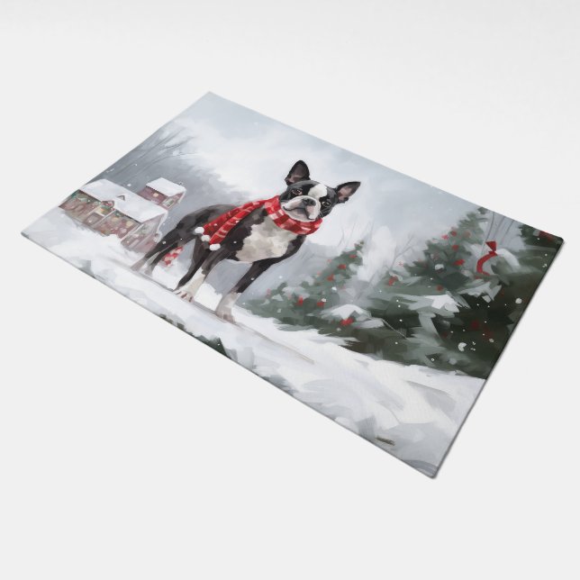 Boston Terrier Dog in Snow Christmas  Doormat (Angled)