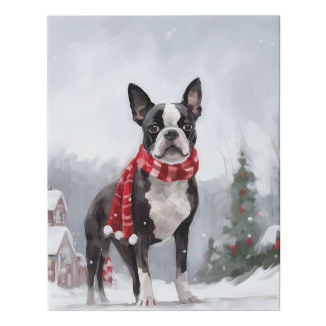 Boston Terrier Dog in Snow Christmas  Faux Canvas Print (Front)