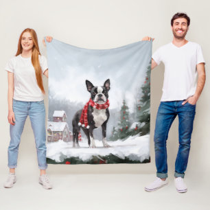 Boston Terrier Dog in Snow Christmas Fleece Blanket