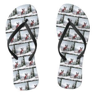 Boston Terrier Dog in Snow Christmas Flip Flops