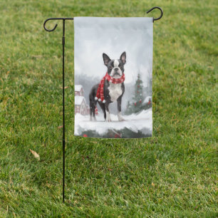 Boston Terrier Dog in Snow Christmas Garden Flag
