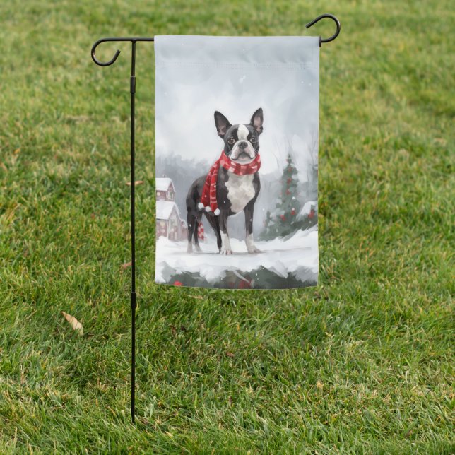 Boston Terrier Dog in Snow Christmas  Garden Flag (In SItu)
