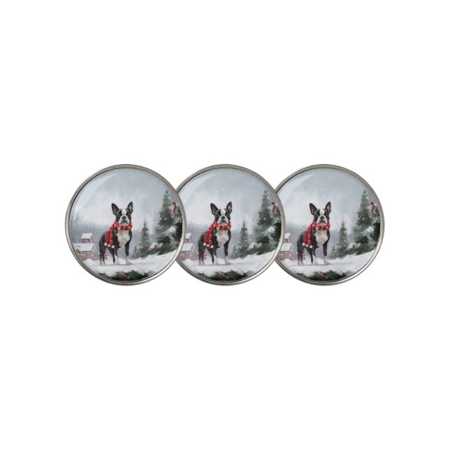 Boston Terrier Dog in Snow Christmas  Golf Ball Marker (3 Up)