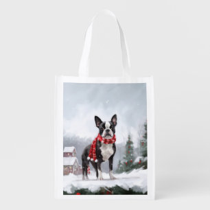 Boston Terrier Dog in Snow Christmas Grocery Bag