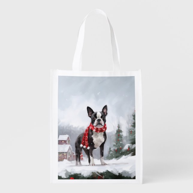 Boston Terrier Dog in Snow Christmas  Grocery Bag (Front)