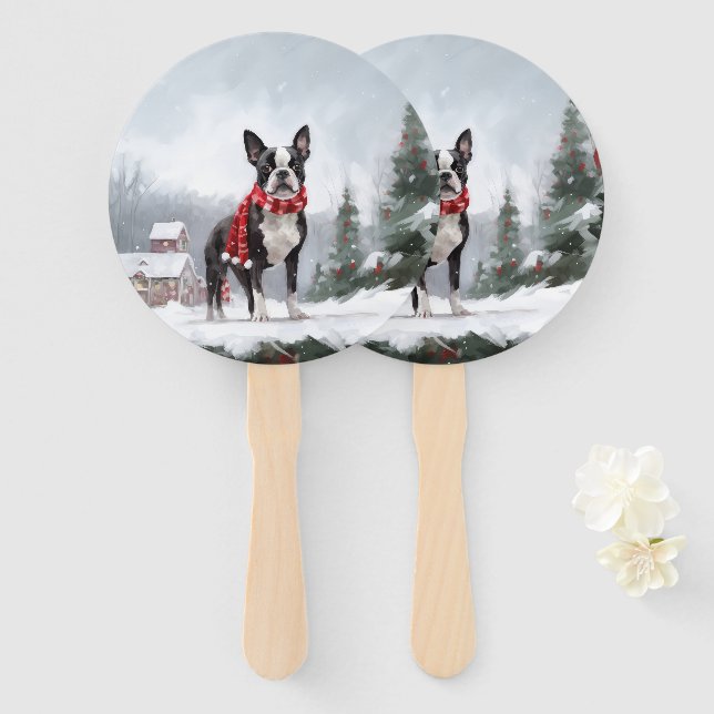 Boston Terrier Dog in Snow Christmas  Hand Fan (Front and Back)