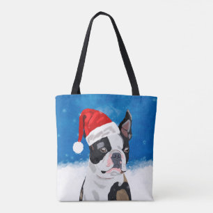 Boston Terrier Dog in Snow Christmas Happy Holiday Tote Bag