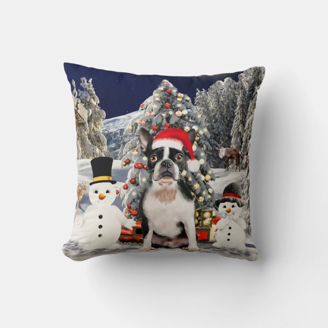 Boston Terrier Dog in Snow Christmas Hat Lights Throw Pillow (Front)
