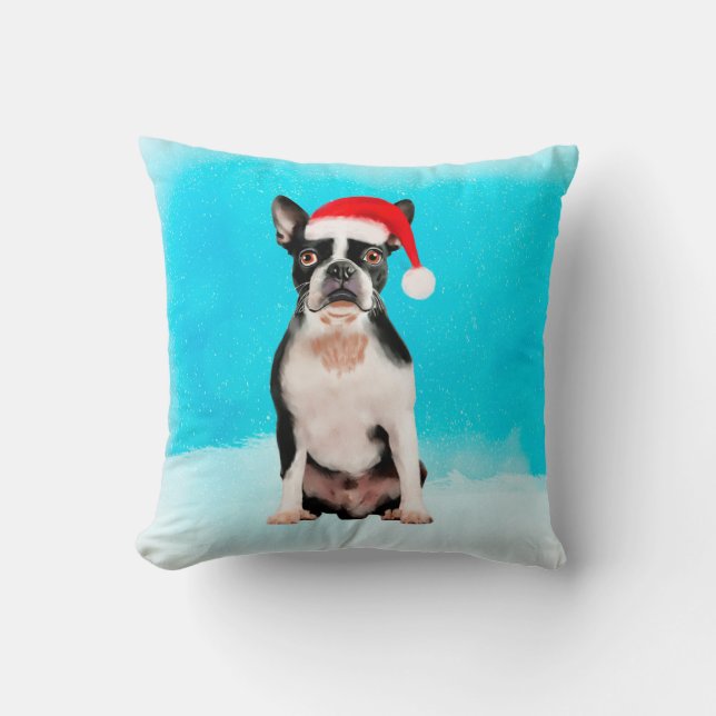 Boston Terrier Dog In Snow Christmas Holiday Throw Pillow (Front)