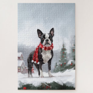 Boston Terrier Dog in Snow Christmas Jigsaw Puzzle