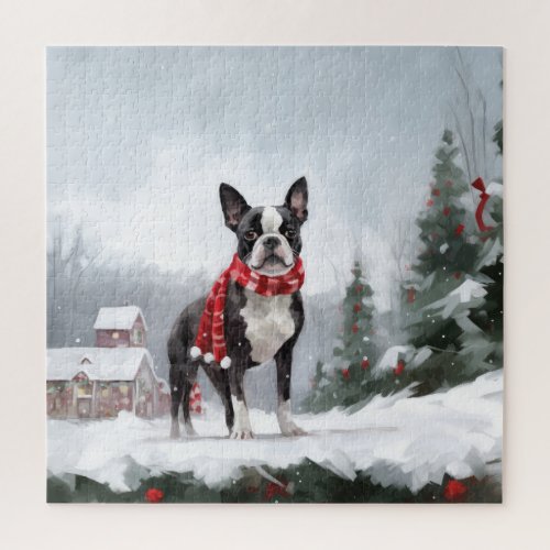 Boston Terrier Dog in Snow Christmas  Jigsaw Puzzle