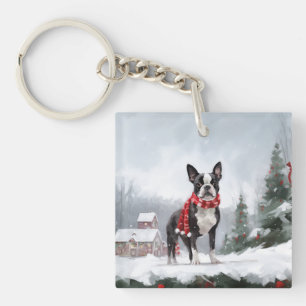 Boston Terrier Dog in Snow Christmas Keychain