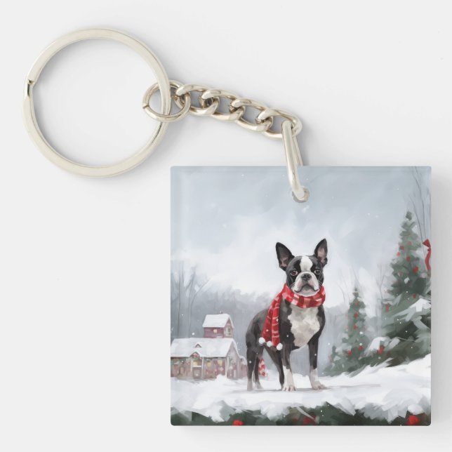 Boston Terrier Dog in Snow Christmas  Keychain (Front)