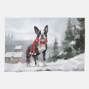 Boston Terrier Dog in Snow Christmas Kitchen Towel