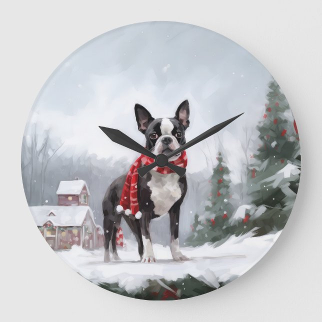 Boston Terrier Dog in Snow Christmas  Large Clock (Front)
