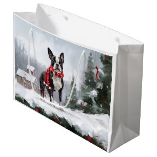 Boston Terrier Dog in Snow Christmas Large Gift Bag