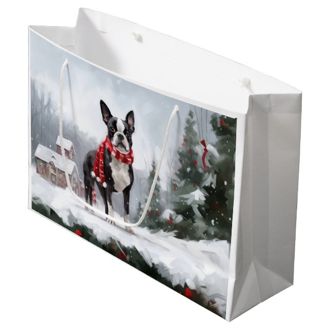 Boston Terrier Dog in Snow Christmas  Large Gift Bag (Front Angled)