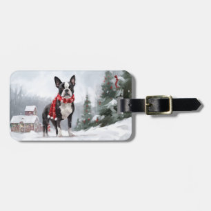 Boston Terrier Dog in Snow Christmas  Luggage Tag