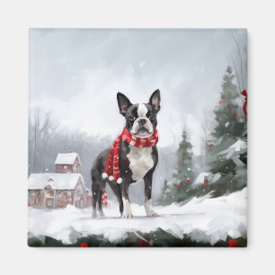 Boston Terrier Dog in Snow Christmas Magnet