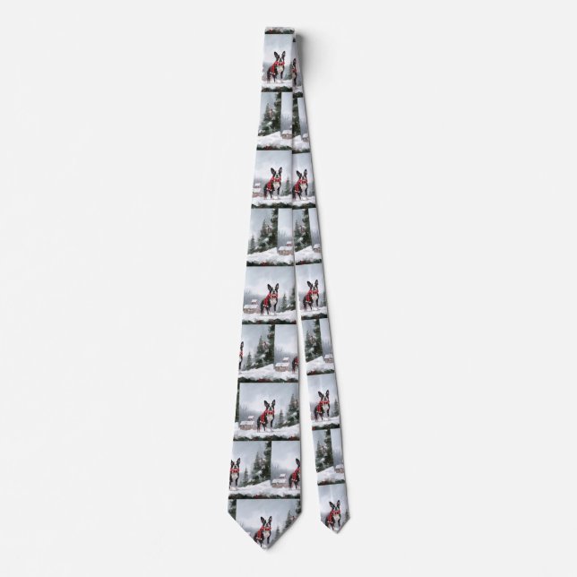 Boston Terrier Dog in Snow Christmas  Neck Tie (Front)